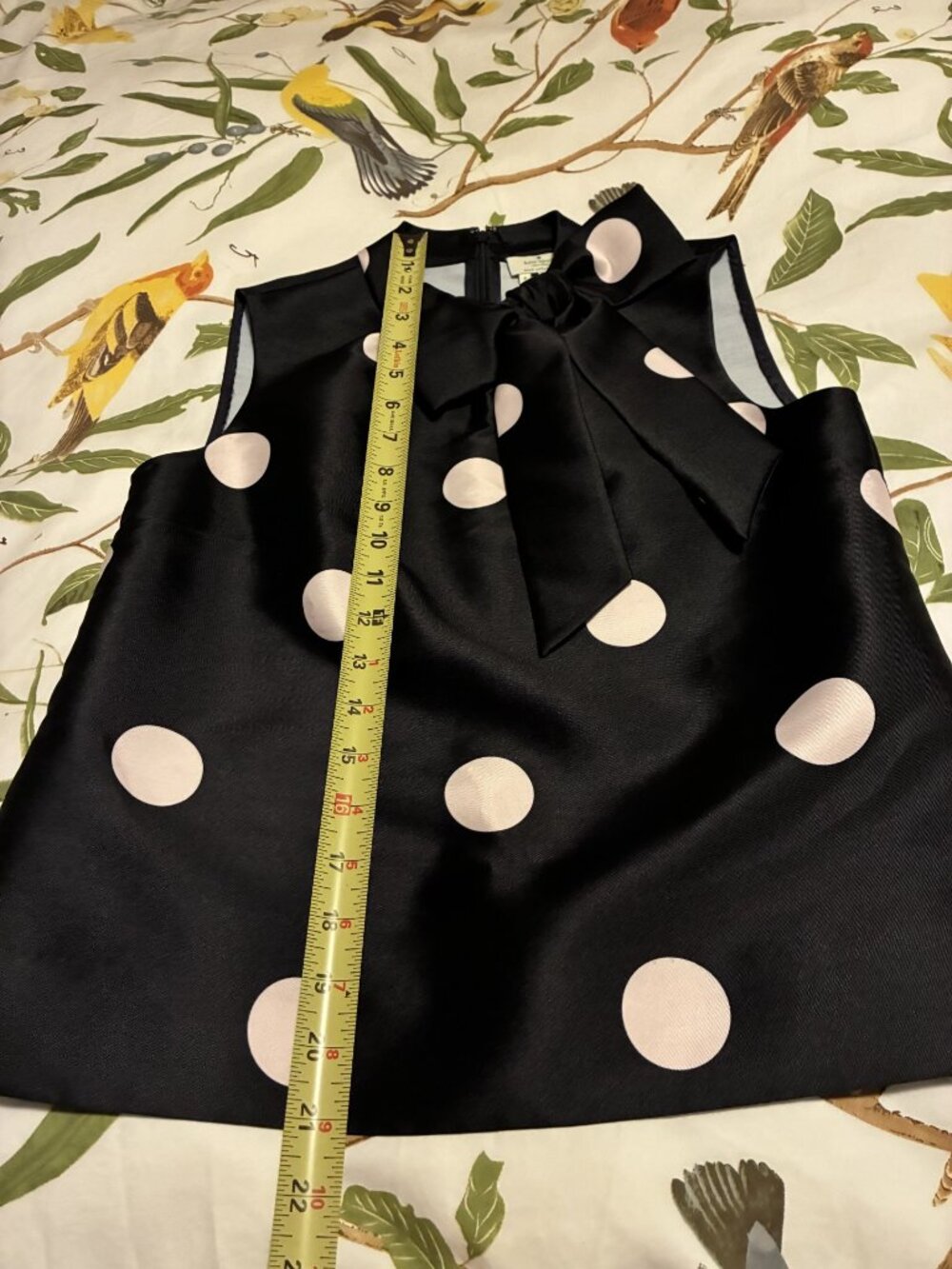 Kate Spade black sleeveless satin top with pink polka dots, preloved